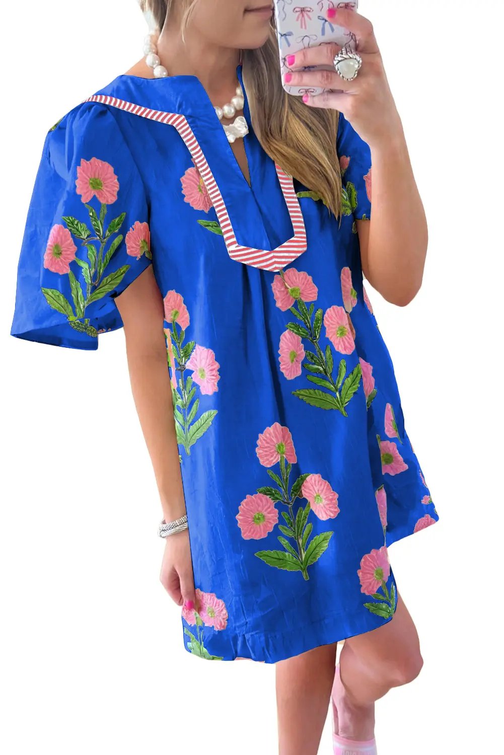 Blue Floral Short Sleeve Split Neck Loose Mini Dress - Love Salve